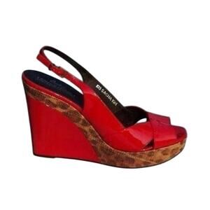 Donald Pliner Red Patent Leather Wedge Shoe New Brown Congo Raffia $275 NWT